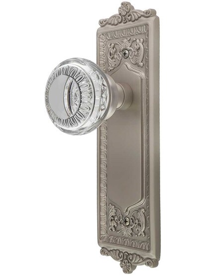 Egg and Dart Style Door Set with Ovolo Crystal-Glass Knobs in Satin Nickel.